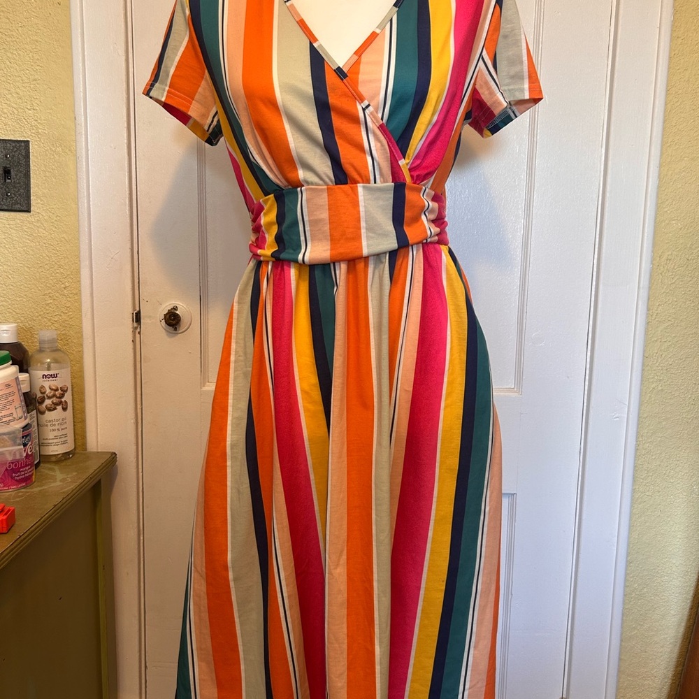 Colour Me Beautiful Rainbow 🌈 Striped Cotton-Blend Midi Dress